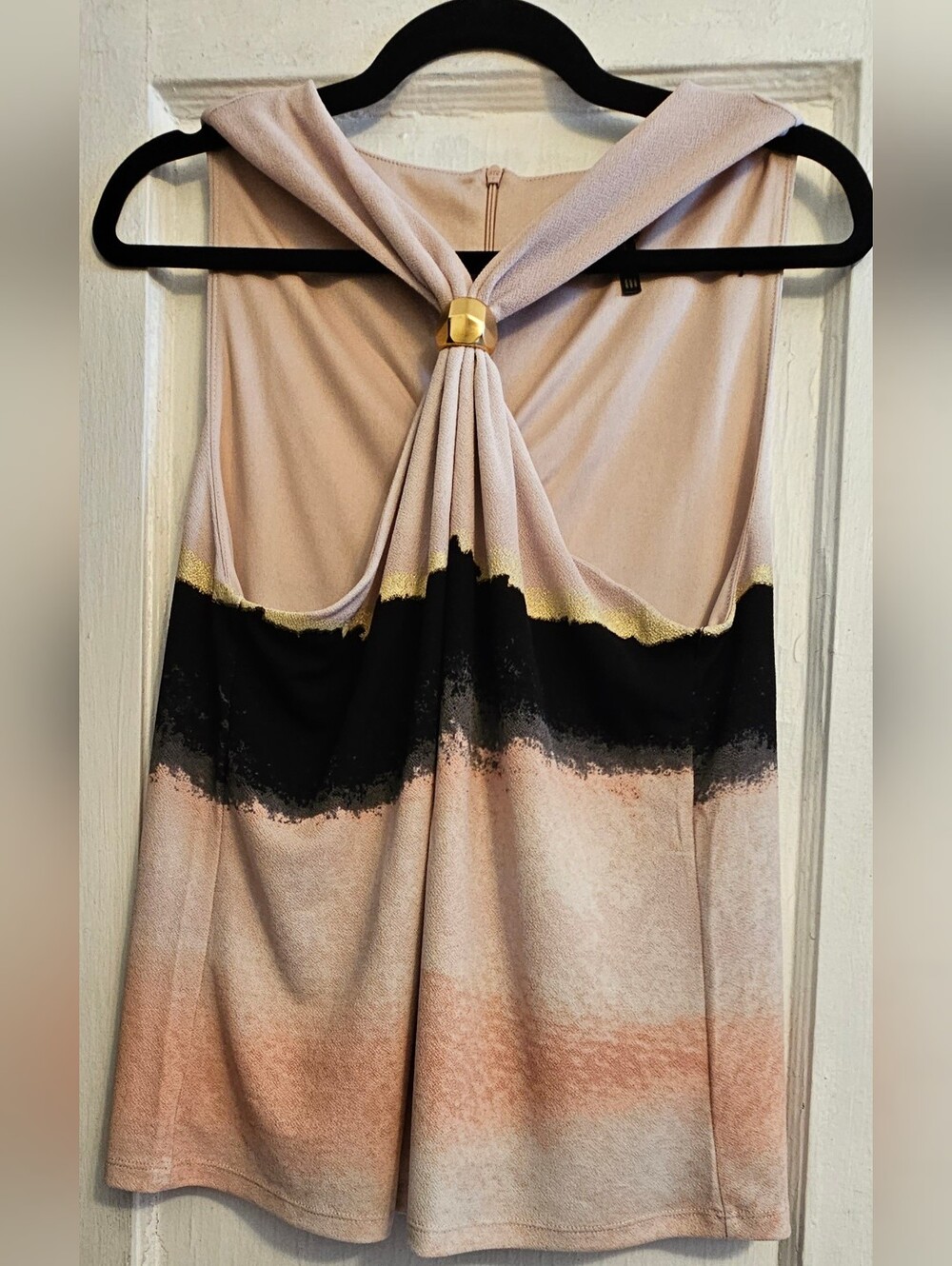 Donna Karan Blush, Black & Gold Draped Back Halter Top